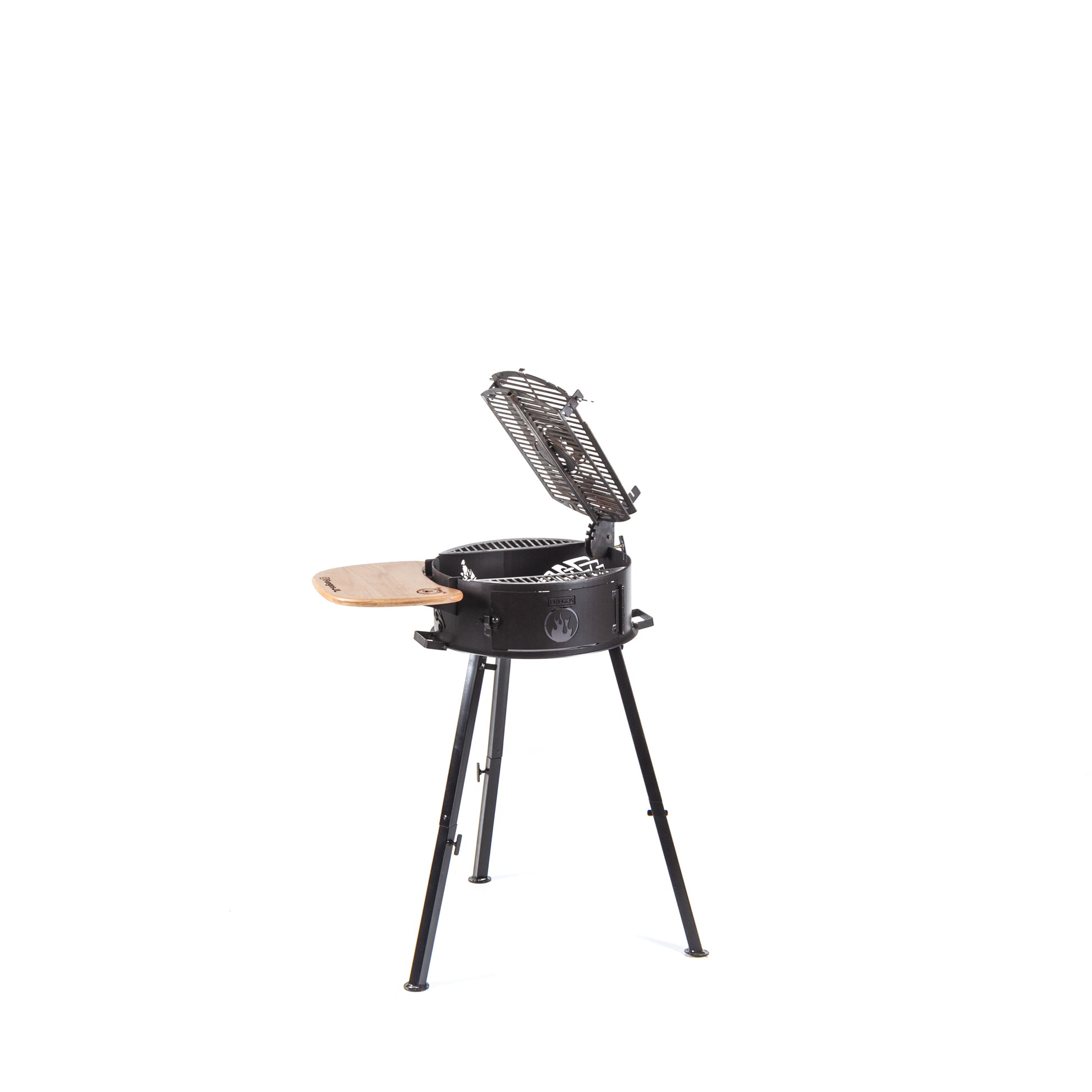 Cowboy portable grill with the book-style cross grill raised