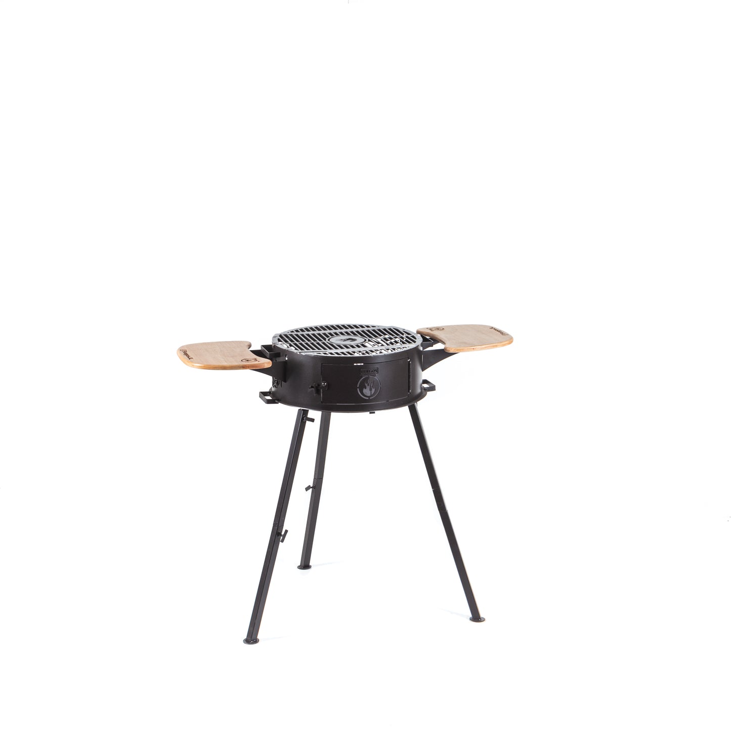 Ivar 2.0 portable grill, front view with both eucalyptus saligna wood surfaces extended