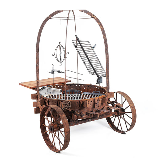 Rodeo PRO cart grill in rust finish with the arch cooking system: rotisserie, oval cage and cross grill