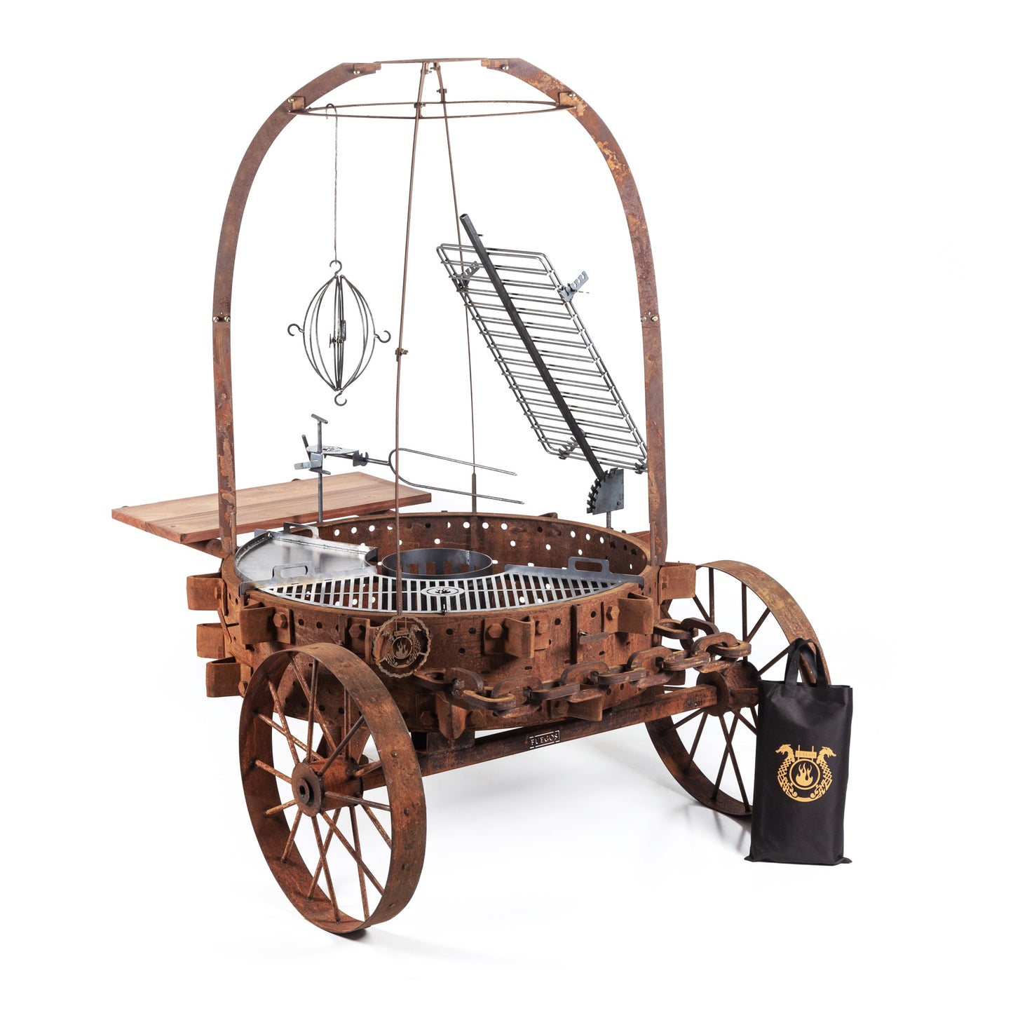Rodeo PRO rust with the arch cooking system and the included canvas cover bag