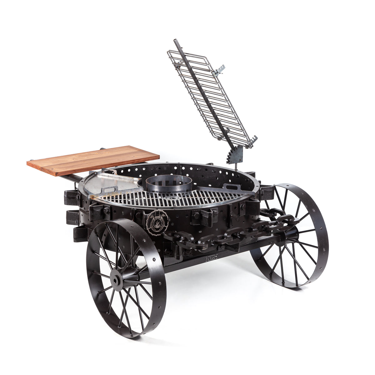 Rodeo PRO cart grill in black finish, side view with the cross grill raised