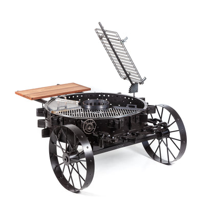 Rodeo PRO cart grill in black finish, side view with the cross grill raised