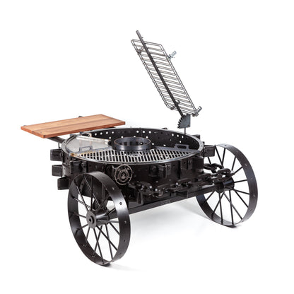 Rodeo PRO cart grill in black finish, side view with the cross grill raised