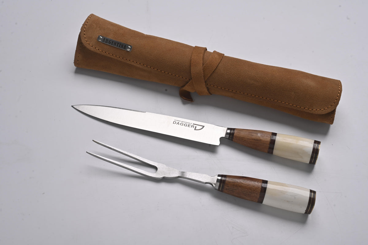Knife and fork set with wood and bone handles and suede roll sheath