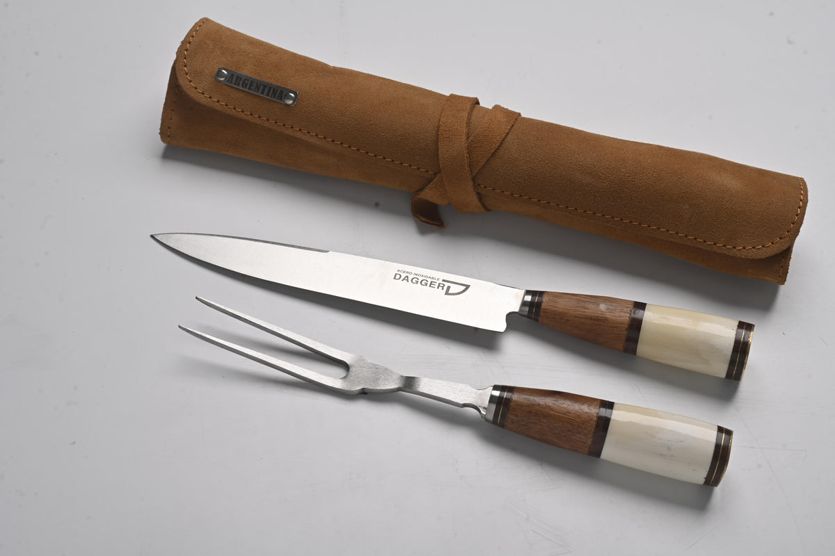 Wood and bone handle knife and fork with suede sheath, alternate angle