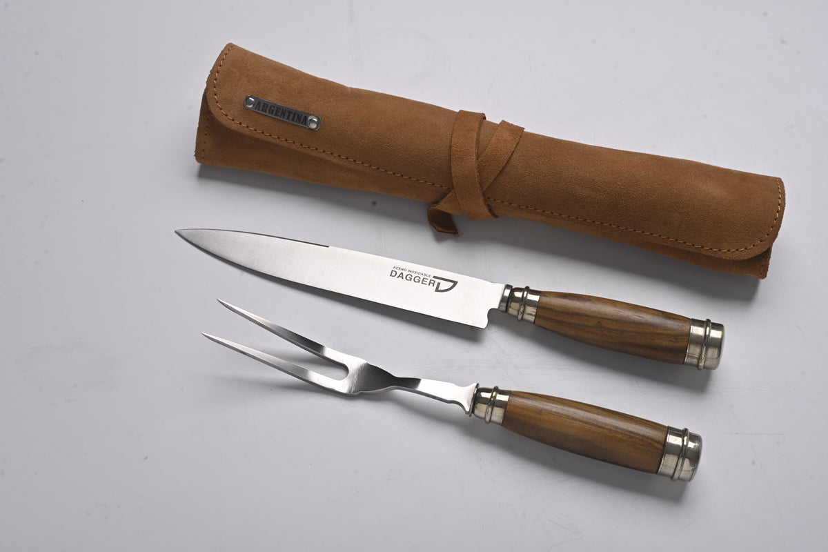 Knife and fork set with wood and nickel-silver handles and suede roll sheath