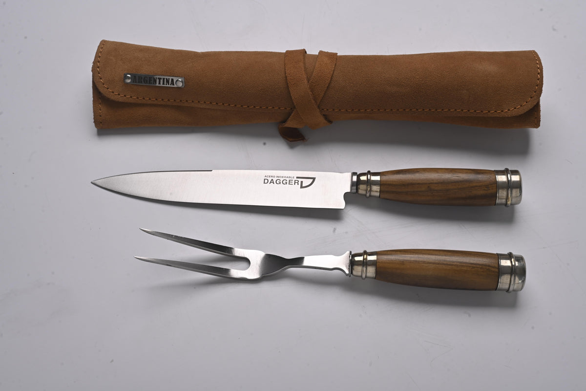 Wood and nickel-silver knife and fork with suede sheath, alternate angle