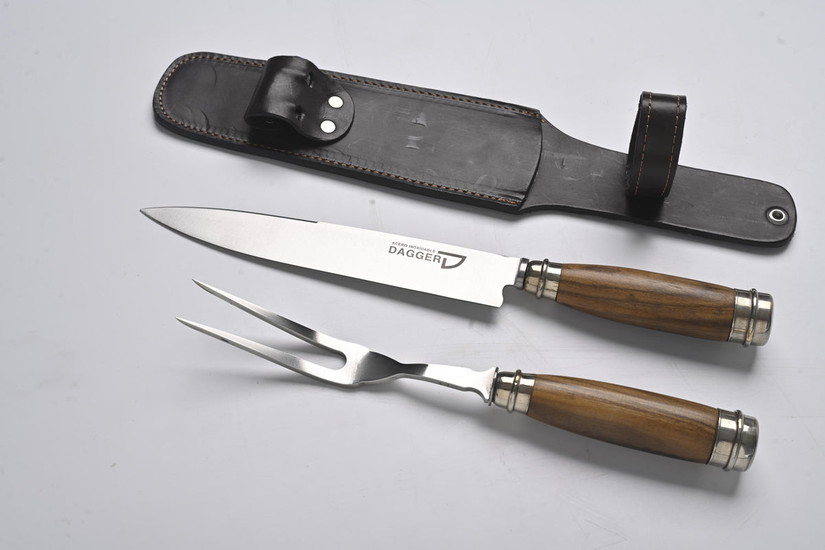 Knife and fork set with wood and nickel-silver handles and leather sheath