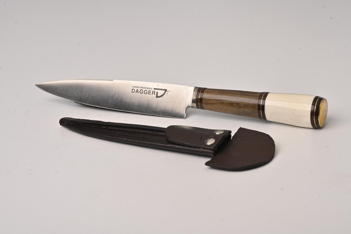 Filo y Más 20 cm knife with wood and bone handle and leather sheath