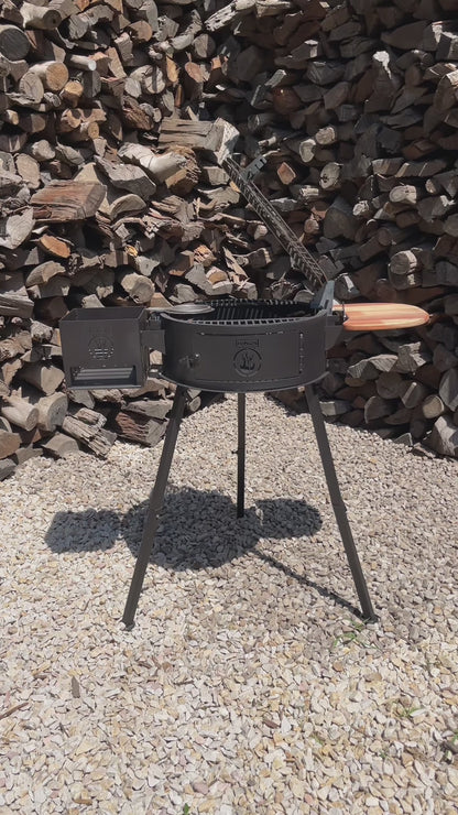 Ivar 2.0 portable grill: the ember box door, the lift-out grate, a cast iron pan and the side ember basket